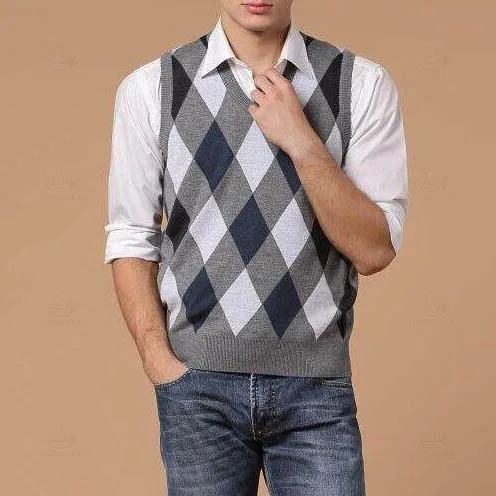 2024 Manufacturer Custom Mens Argyle Sweater Vest Cotton Black Sleeveless v Neck Jacquard Knitted Sweater Vest For Men