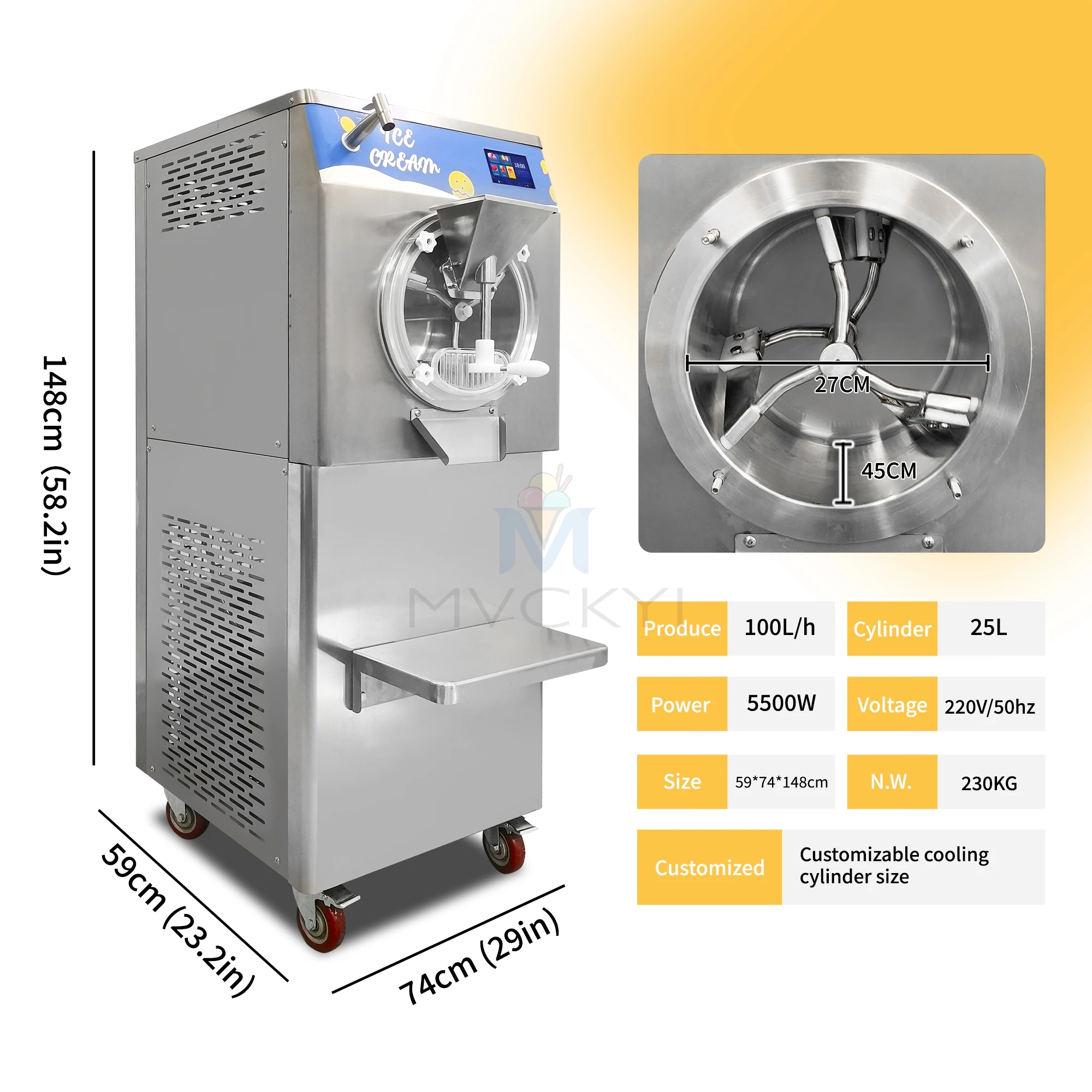 Mvckyi 48L/H Hard Ice cream Machine Professional Commercial Gelato Ice Cream Machine Making With Water Pipe