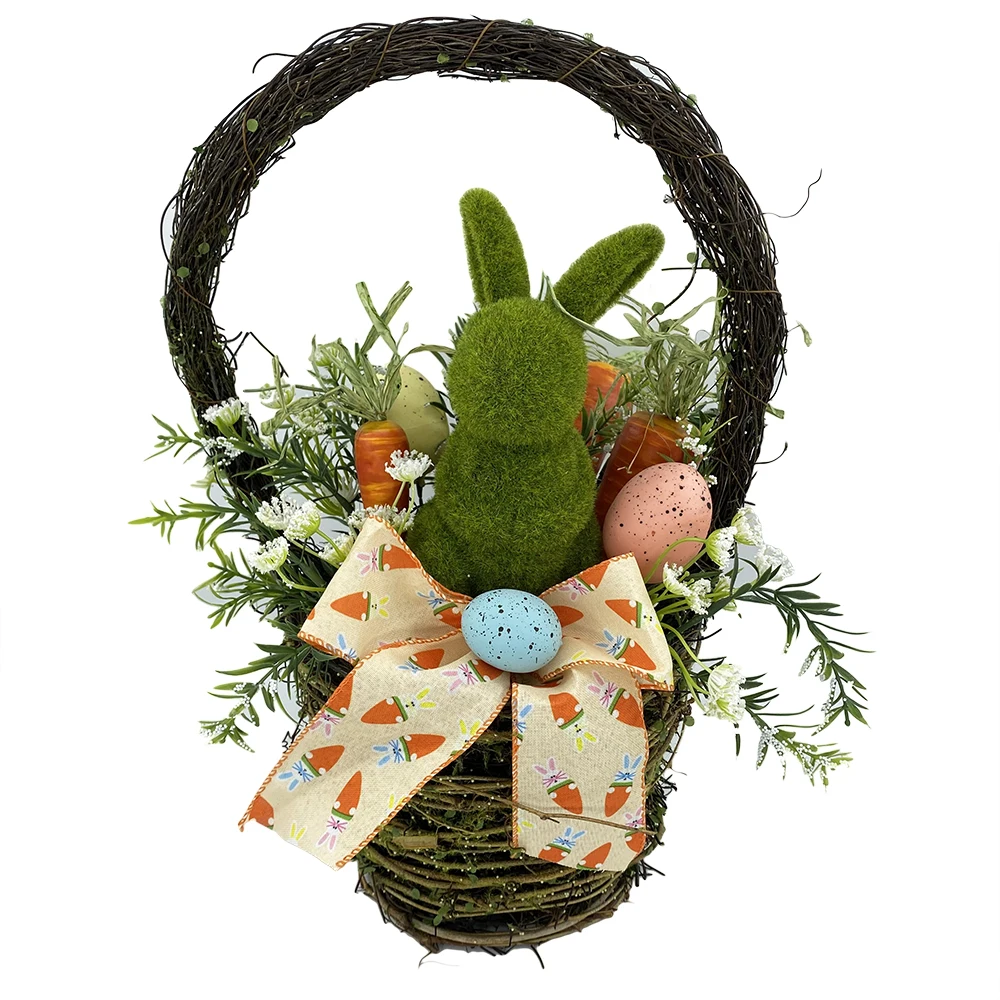 
Wholesales Easter Basket 18inch Artificial Easter Rattan Basket with Grass Bunny Carrot Egg Flowers Easter Basket 