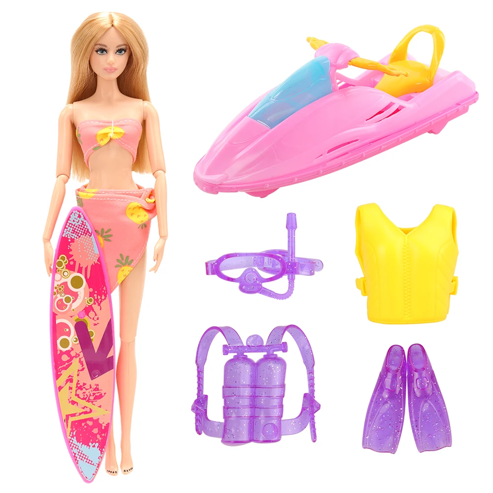 
7 Sets =Surfboard Swimsuit Clothes Diving Fins Motorboat Life Jacket Doll Accessories for 11.5inch30cm Doll Kid Girl Toy Gift 
