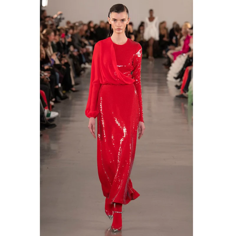 Bettergirl Fashion Ladies Long Gowns Party Guest Long Sleeve Sequined Evening Dress Sweep Train Slit New Years Eve Party Dress