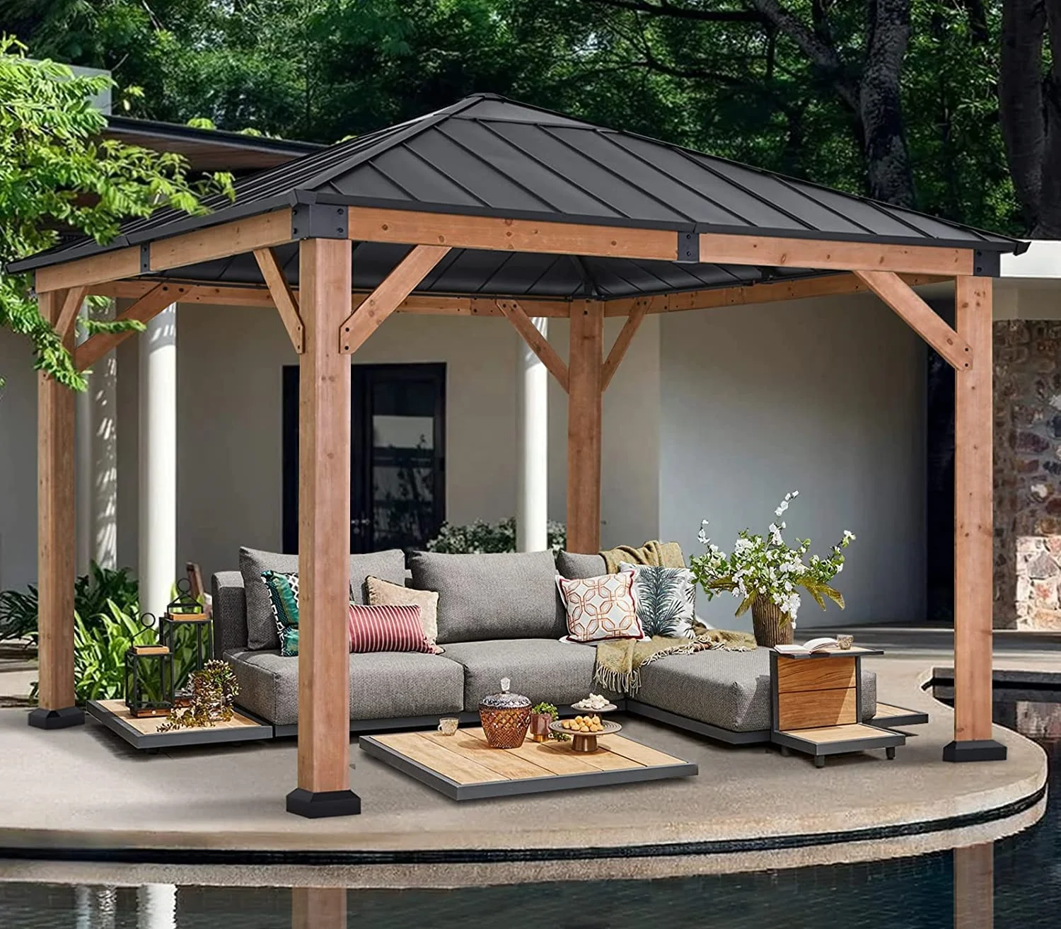 ABCCANOPY 11x11ft Wooden Gazebo For Sale Outdoor Polycarbonate Gazebo With Hardtop Metal Double Roof Japanese Gazebo