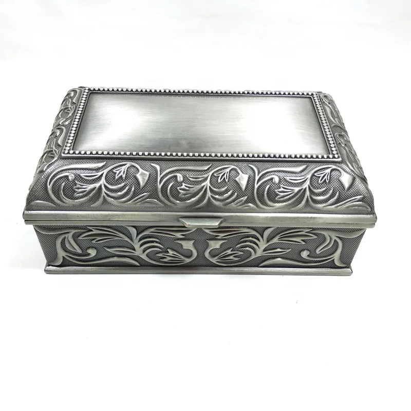 Zinc alloy large rectangle jewelry box with classical flower patternin in pewter plated
