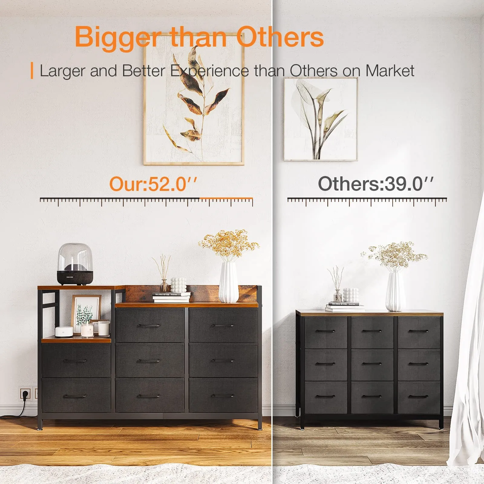 Living Room Hallway Easy-Pull Fabric Dressers 8 Drawers Bedroom Dresser with Charging Station