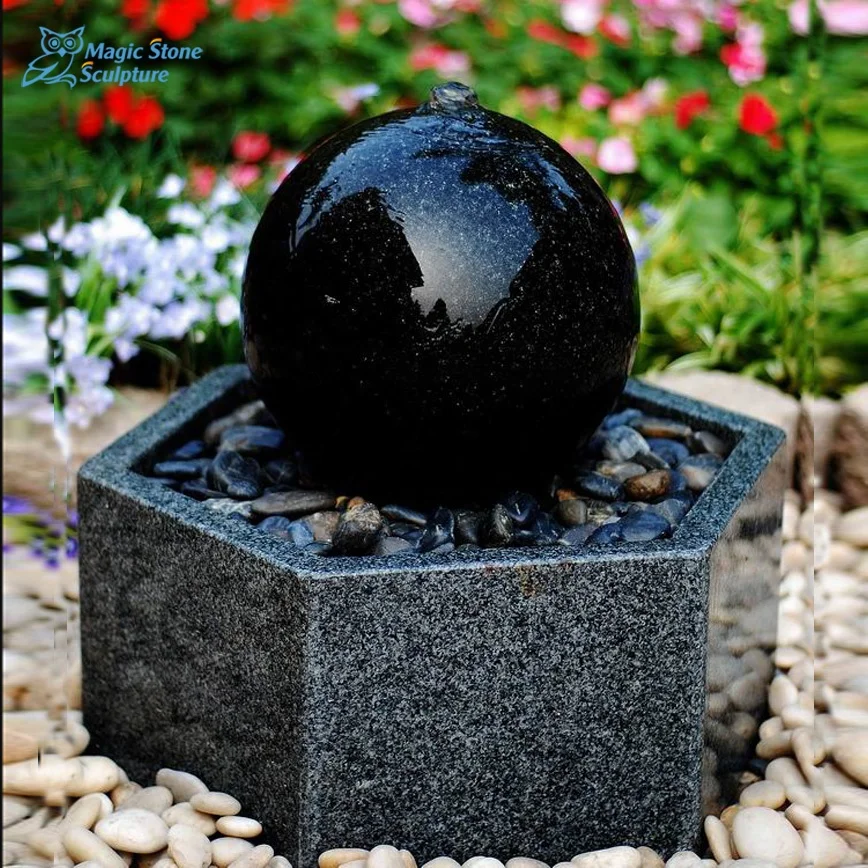 Outdoor Black Ball Polished Smooth Stone Fountain Granite Sphere Water Feature for Garden Lawn Patio