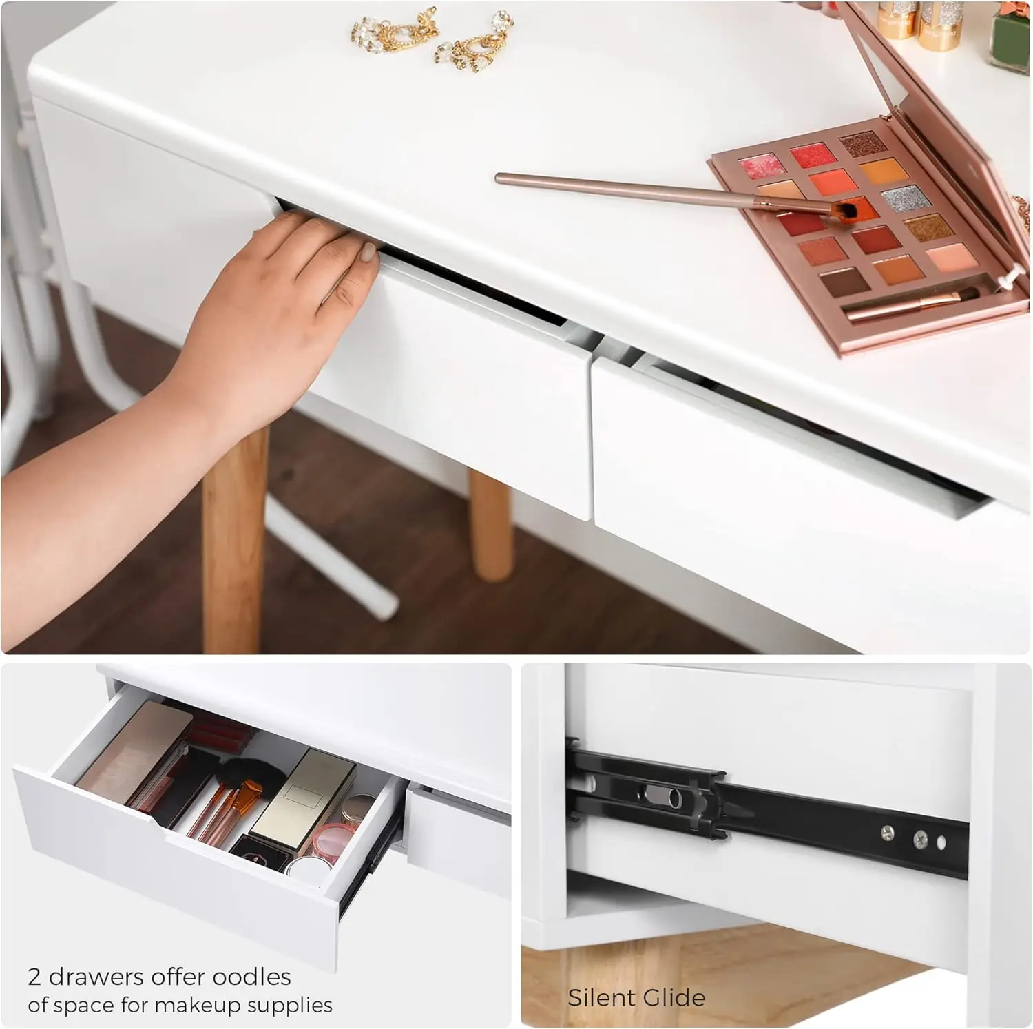 White Wooden Vanity Table Set with 2 Drawers Mirror Cushioned Stool for Girls Bedroom Dressing Furniture MDF Style