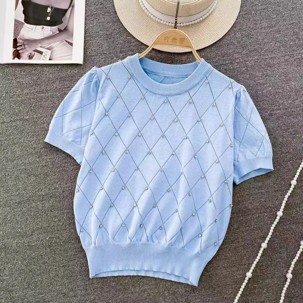 Women rhinestones tops diamonds tshirts Knitted tops