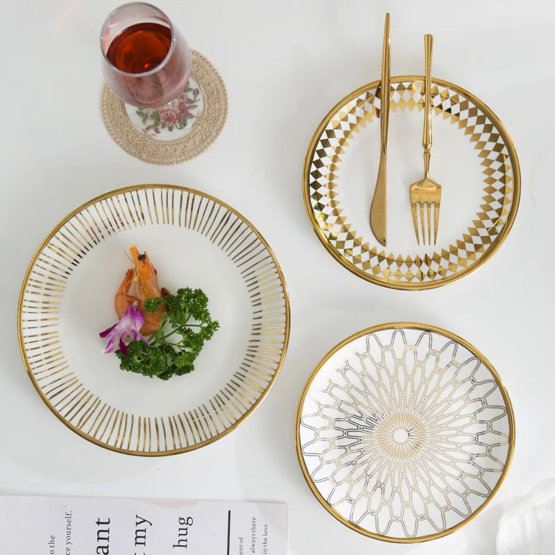 Luxury Nordic Gold Rim Design Ceramic Tableware Dinner Dishes Plates Set 8in 10inch Porcelain Steak Dessert Plates for Wedding