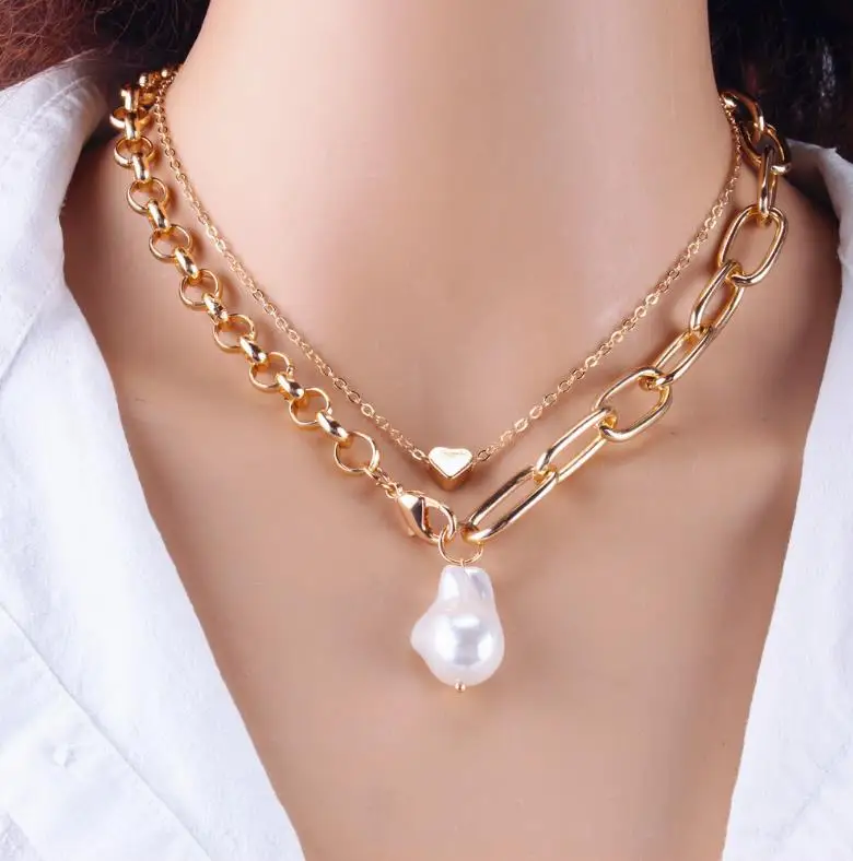 2021 Newest Style Baroque Style Copper Heart Punk Style Two-piece Set Punk  Pearl Necklace