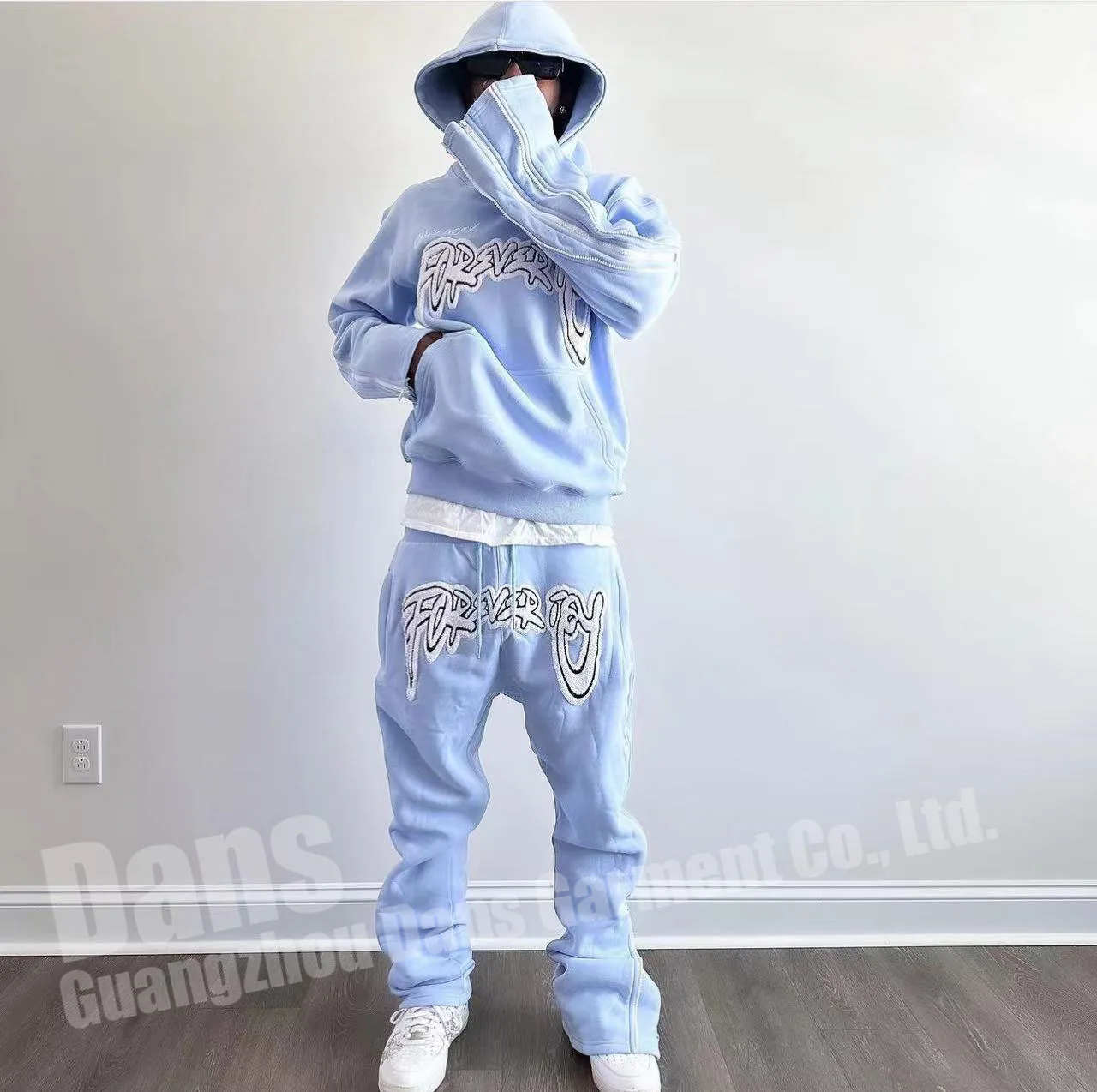 Custom Sweat Pants Sweatsuit Chenille Embroidery Jogger Tracksuit Fleece Cotton Stacked Flare Sweatpants And Hoodie Set For Men
