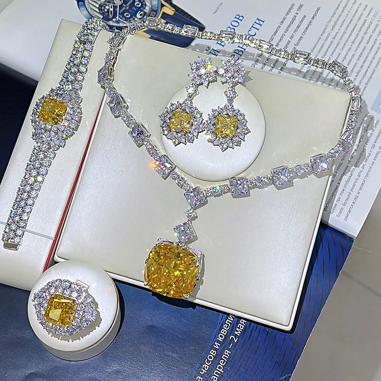 Luxury Simulated Diamond Super Big Gemstone Necklace 925 Sterling Silver Party Necklace Yellow Square Zircon Pendant Necklace