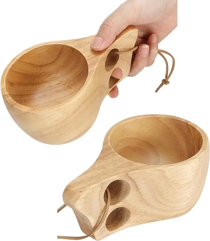 Wooden Camping Mug Wood Camp Mug with Leather Lanyard Nordic Style Wood Mug Drinking Cup Portable Hiking Tableware