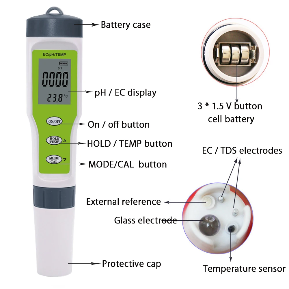 3 in 1 Ph/ec/temp test meter ph meter ec water quality test pen with backlight