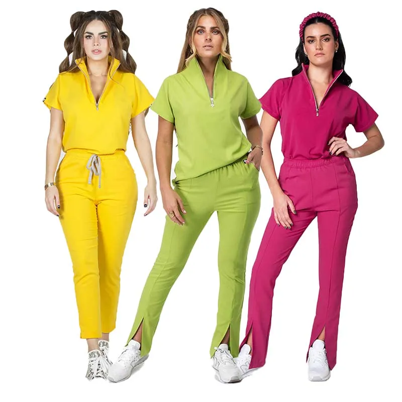 CUSTOM LOGO luxury beauty salon plus size dental clinic yellow lime medical scrubs with zipper Victory nurse women scrub suits