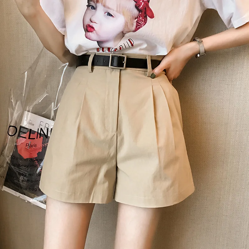 New Summer Elegant High Waist Shorts Women Casual Solid Color Wide Leg Loose Cotton Short Pants With Belt Korean Sweet Girls