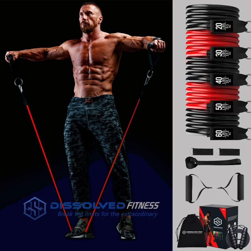 200lb Home Gym Expander Tube Set 12pcs Latex Elastic Fitness RopeTPE Resistance Exercise Bands for Sports & Yoga Packaged