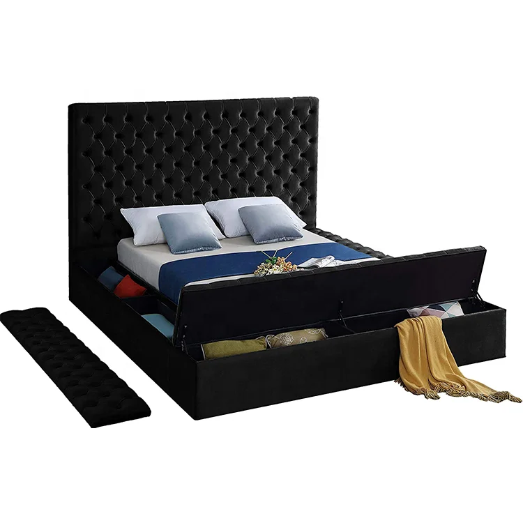 
Apartment bed room furniture black twin size bed high tufted headboard upholstered luxury fabric leather ottoman bed frame 