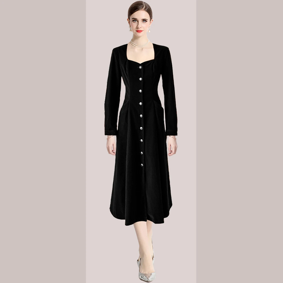 Droma 2024 new design fashion square neck matte velvet high waist casual dresses vintage women lady elegant