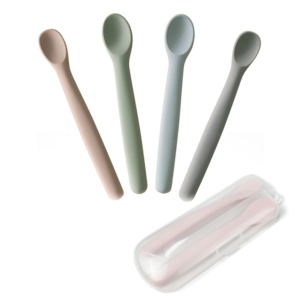 Оптовая Продажа с PP коробкой BPA бесплатная безопасная мягкая гибкая Детская Ложка силиконовая ложка для младенцев