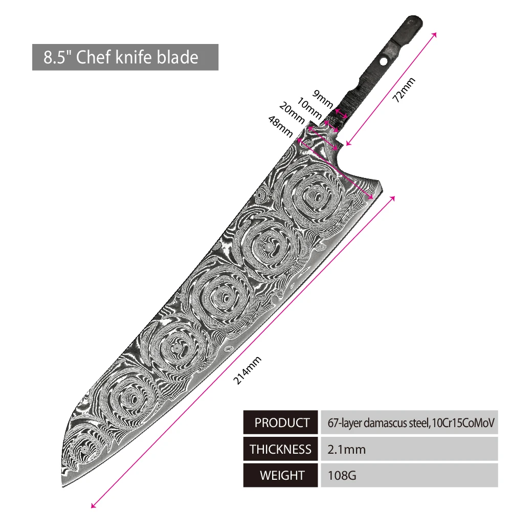 Big Rose Pattern custom handmade high quality 67 layers damascus steel blank blade knives full tang fixed blade kitchen knife