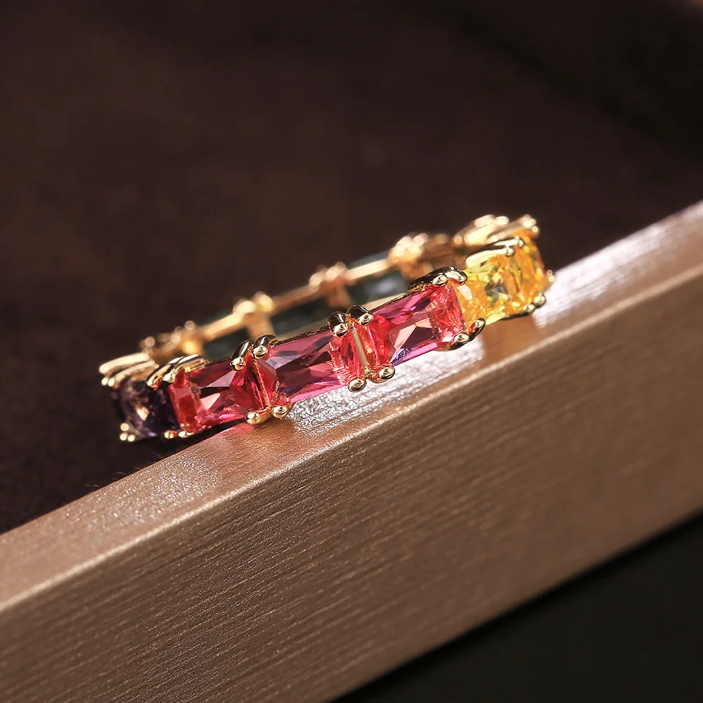 CAOSHI Trend Fashion Rainbow Color Eternity Band Lady Wholesale CZ Cubic Zirconia Baguette Stack Wedding Engagement Finger Rings