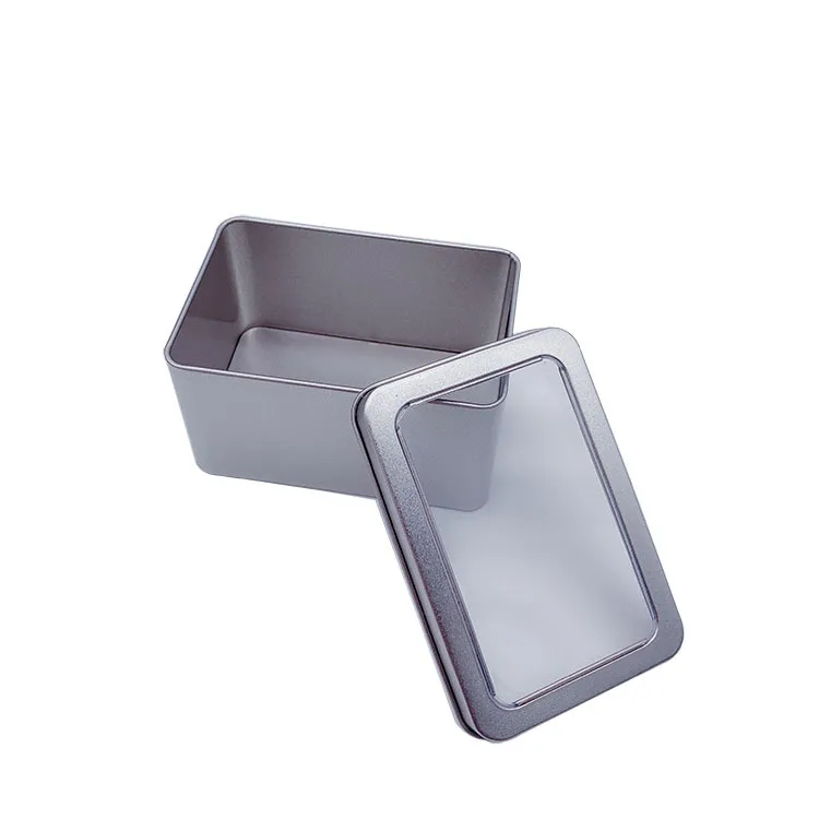 Plain Silver Rectangular Empty Tin Box Containers Gift Box and Storage Tin With Window Lid On It