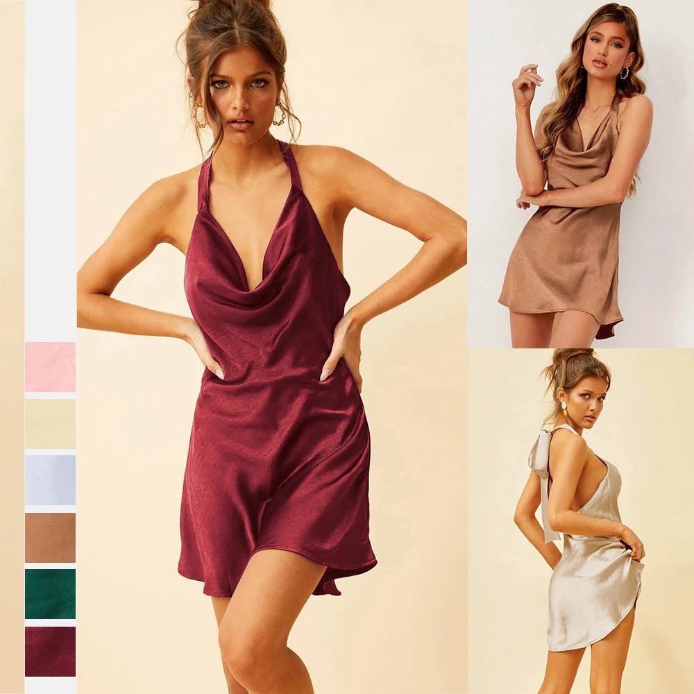 2022 New Fashion Arrival Summer Backless Mini Dress Sexy  Bandage Satin Night Dresses for Women