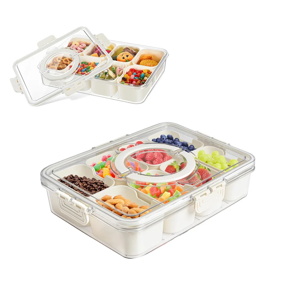 Portable 8 Grid Clear Plastic Snack Box Container Snackle Box Charcuterie Container Divided Serving Tray with Lid and Handle