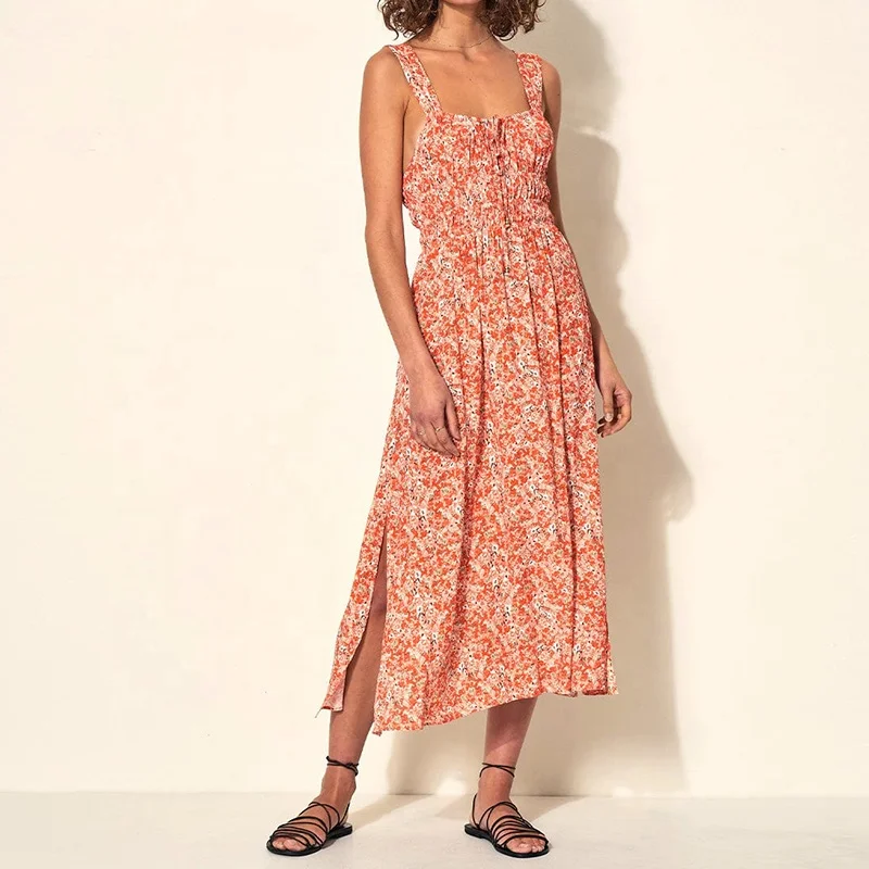 2023 Grace summer new temperament elegant v-neck suspender elastic waist beach print dress vacation wear midi linen dresses