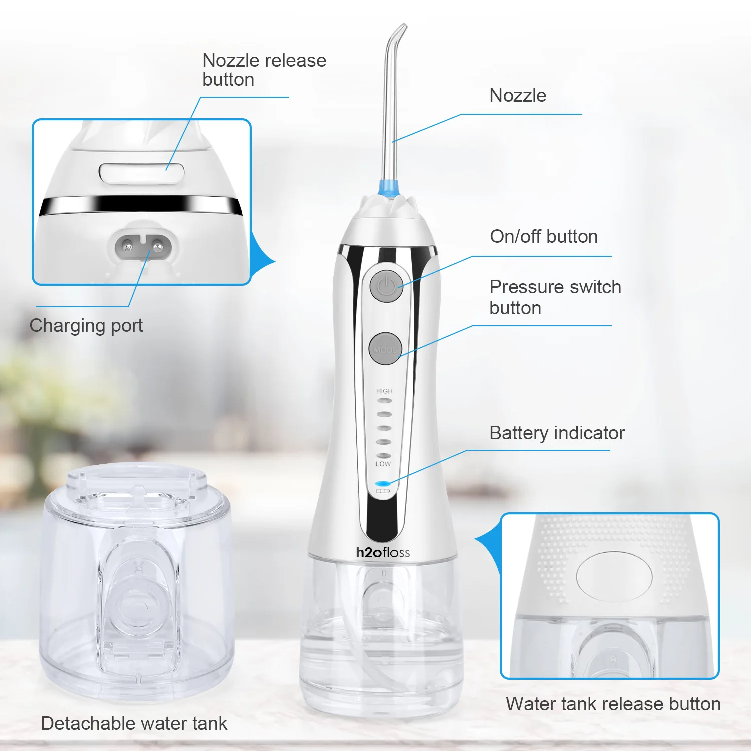h2ofloss water dental flosser 5 nozzles electric portable oral irrigator OEM