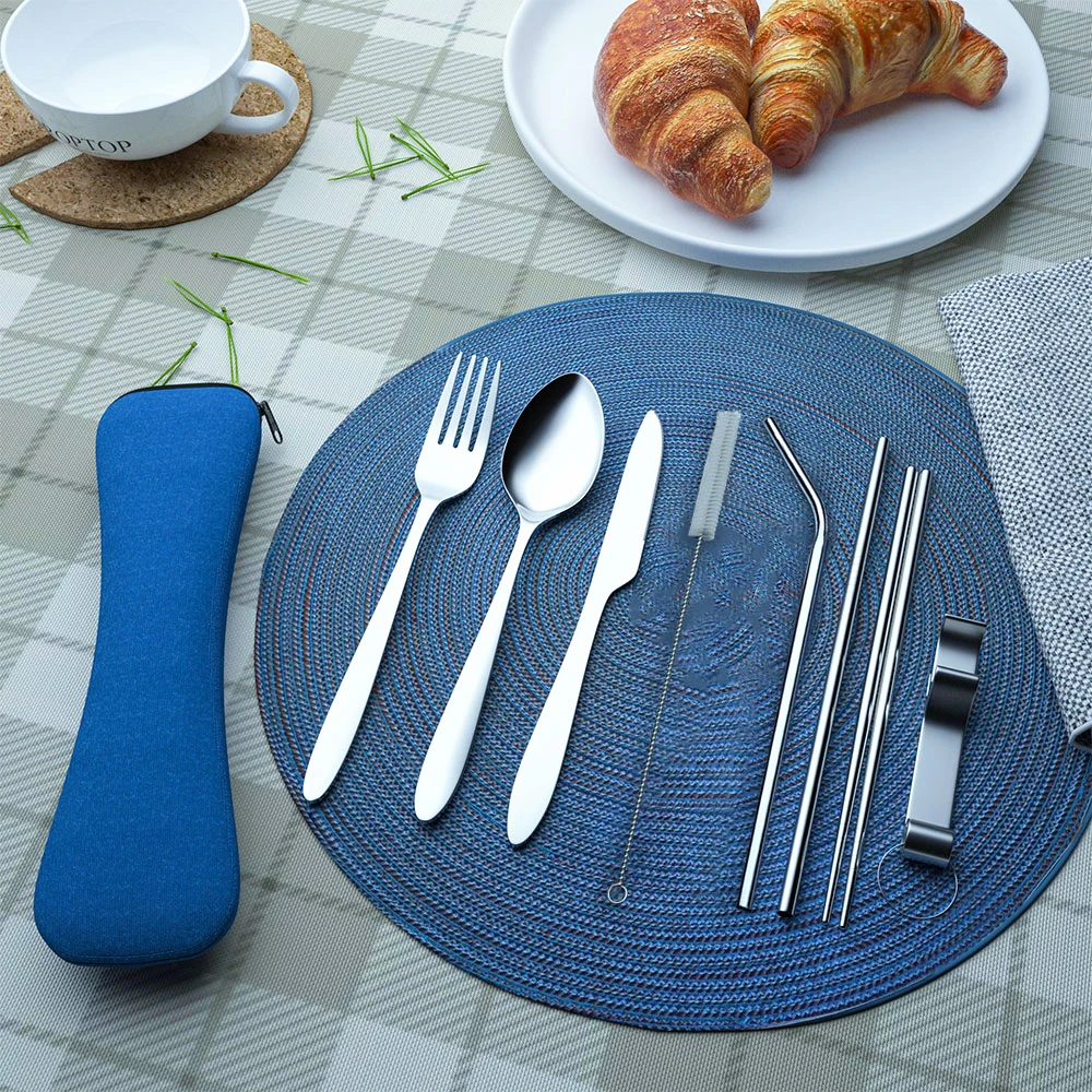  Travel Cutlery Set stainless steel spoon fork and chopsticks in a neoprene zip pouch comes with your