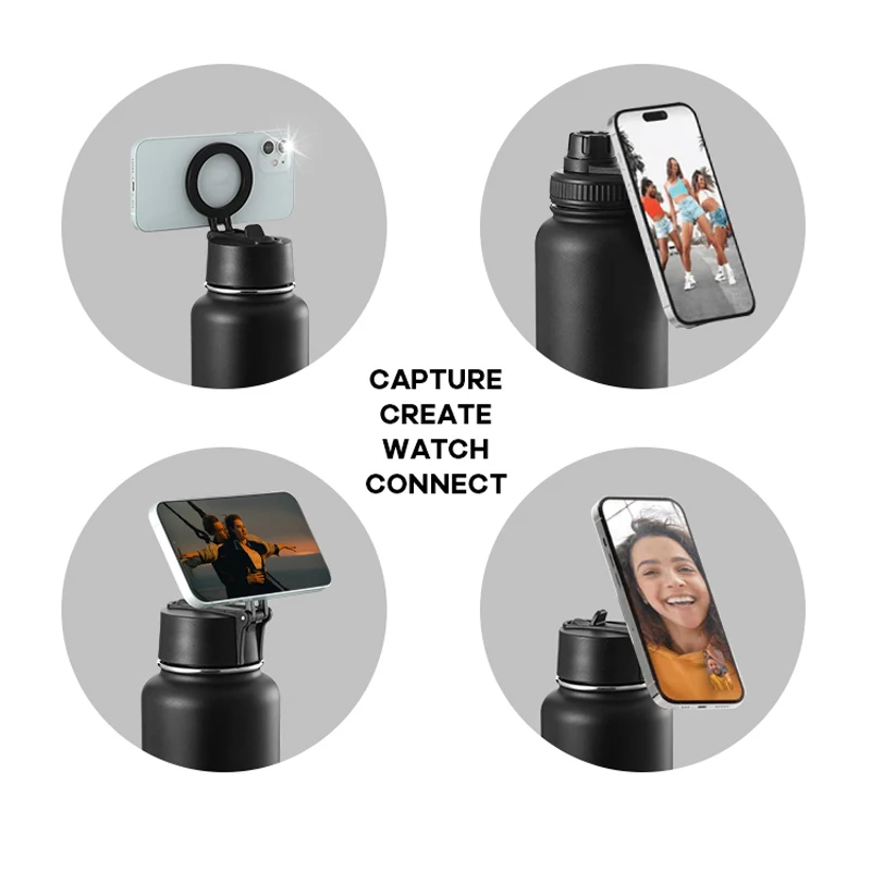 2024 Magnetic Water Bottle with phone holder Vacuum Water sports flask for Gym Top With Magnet Cell Phone Mount Stand
