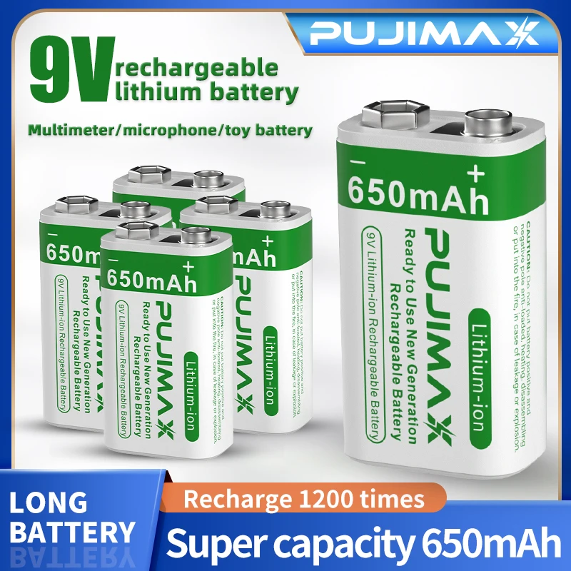 PUJIMAX 2pcs rechargeable 650mAh 9V li-ion battery for electric guitar walkie talkie metal detector massager toy remote