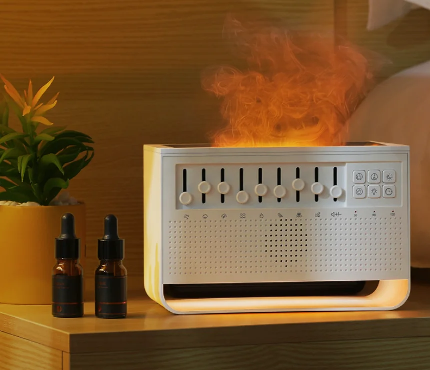 Innovative White Noise Music Sound Diffuser Machine 8 White Noise Effect LED Night Light Speaker Timer Flame Air Aroma Diffuser