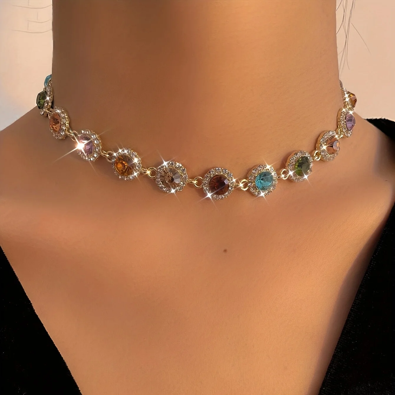 Bridal Wedding Multi-colored Gemstone Choker Necklace 18K Gold Plated Brass Vintage Women Jewelry Heavy Chunky CZ Gem Girl Chain