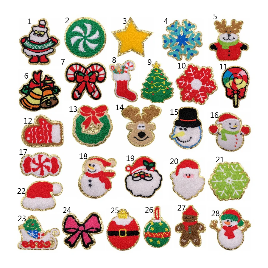 Christmas gold glitter handmade embroidery iron on chenille patch christmas tree snowman christmas patch
