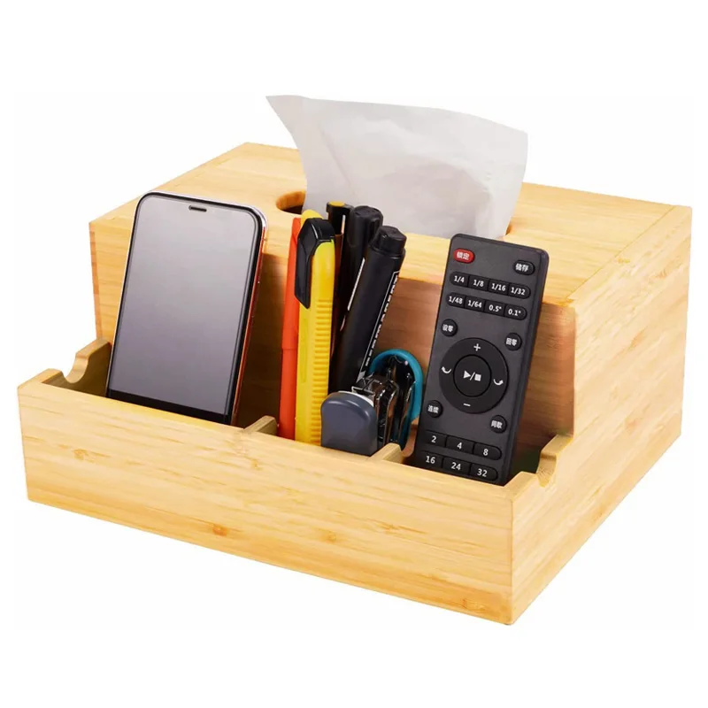 2024 Home office rectangular waterproof bamboo tissue box with stationery remote control box