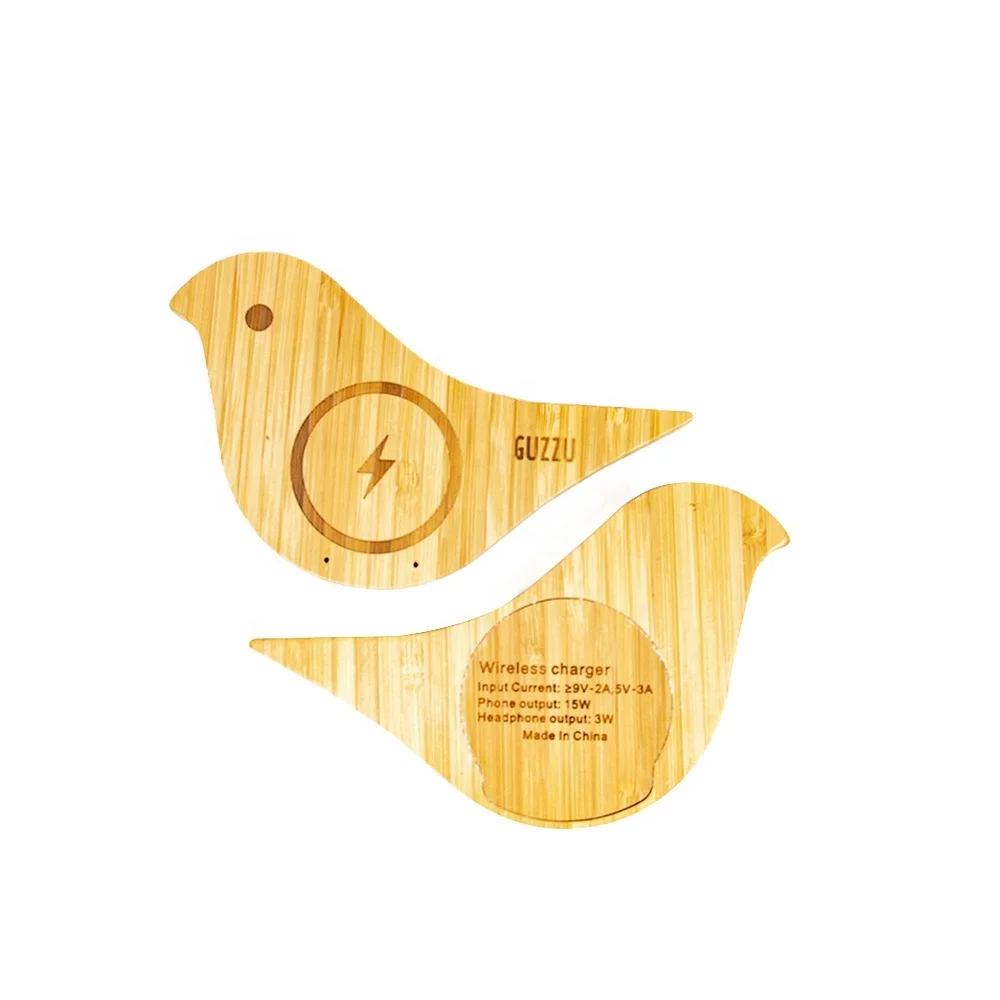 2022 New design hot selling 15W wood cute bird wireless charge pad  bamboo factory best price QI universal wireless charging