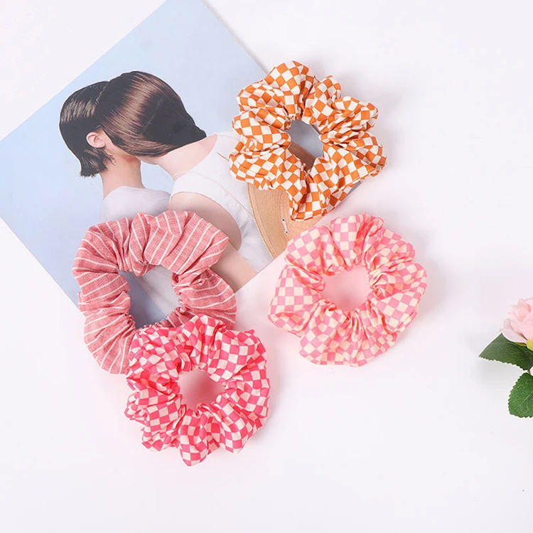New low MOQ stripe checked scrunchies cotton fabric elastic hair ties scrunchies for hair