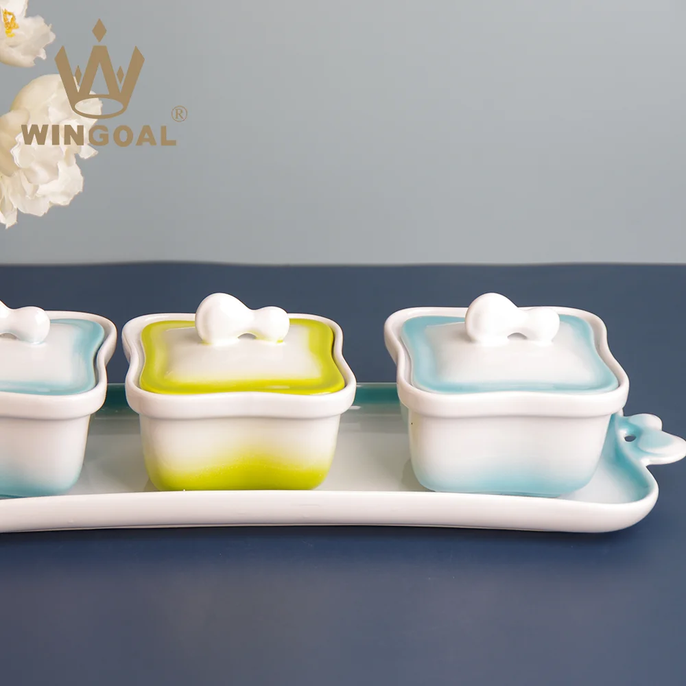 kitchen accessories condiment storage series ceramic seasoning pot with lid 3pcs for salt pepper spice sugar jars