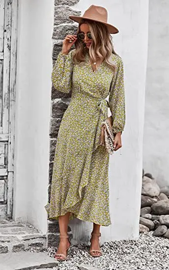 Женское Пляжное Платье макси с V-образным вырезом и длинным рукавом