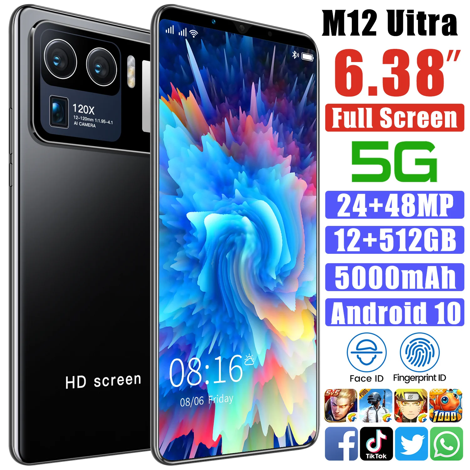 Cheaper Price Mobile Phones M12 Uitra 6.38 inch Big Screen Smart Phone 12+512GB Large Memory Android Smart Face Unlock cellPhone