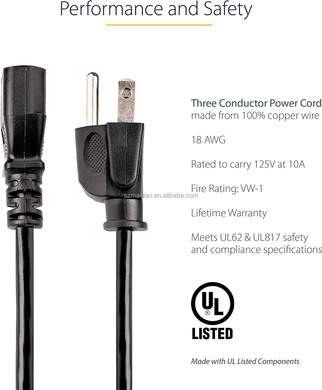 10ft (3m) Computer Power Cord, NEMA 5-15P to C13, 10A 125V, 18AWG,Replacement AC Power Cord for ,PC  Printer