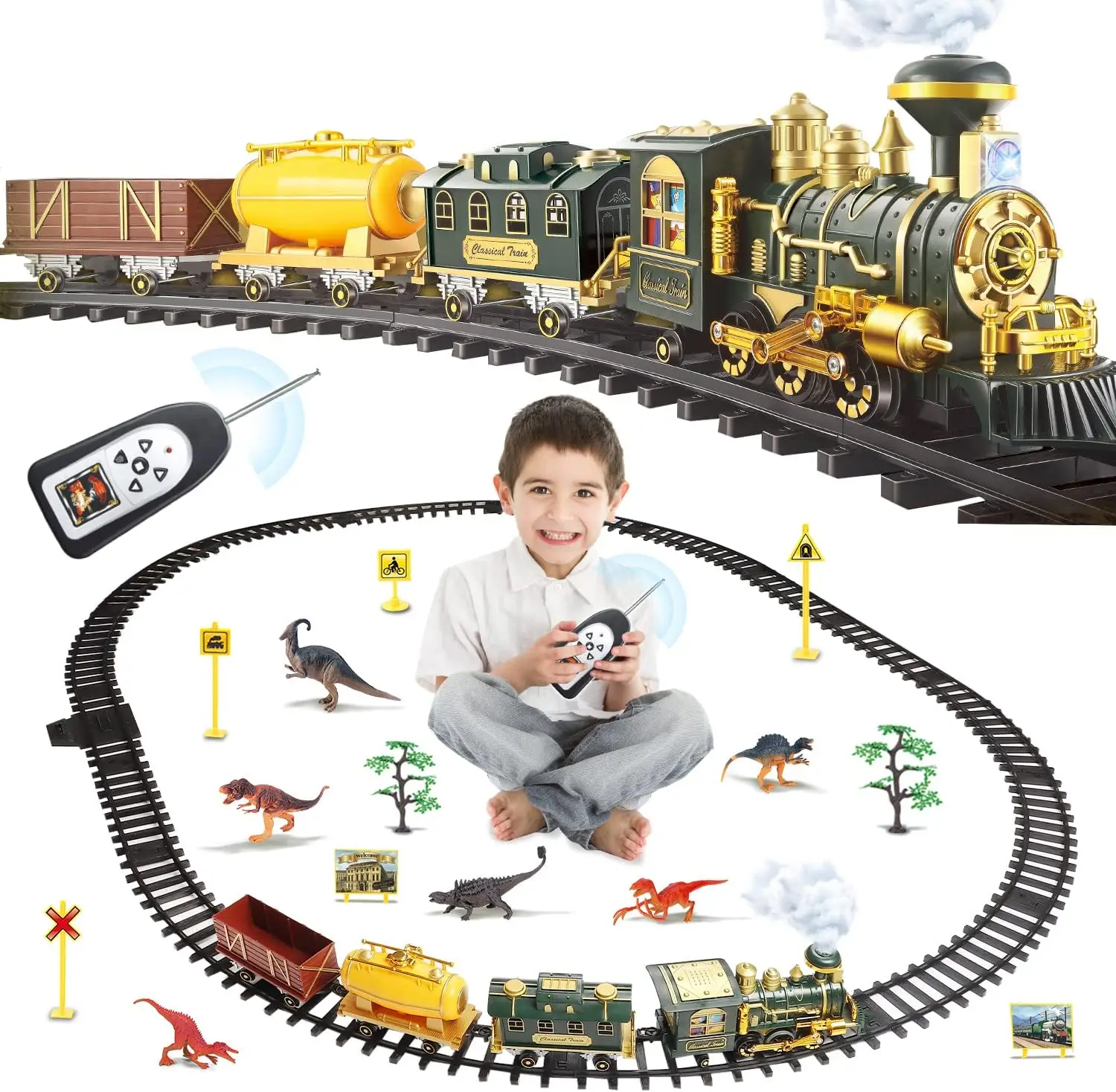 Large Train Set Remote Control Train Toys w/Dinosaurs Electric Train w/Lights & Sounds Steam Locomotive Christmas TOY train
