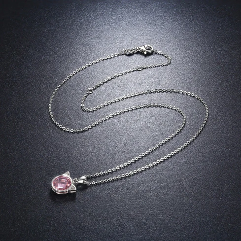 
Most popular products cat pink stone design 925 Sterling silver Pink CZ diamond stone necklace 