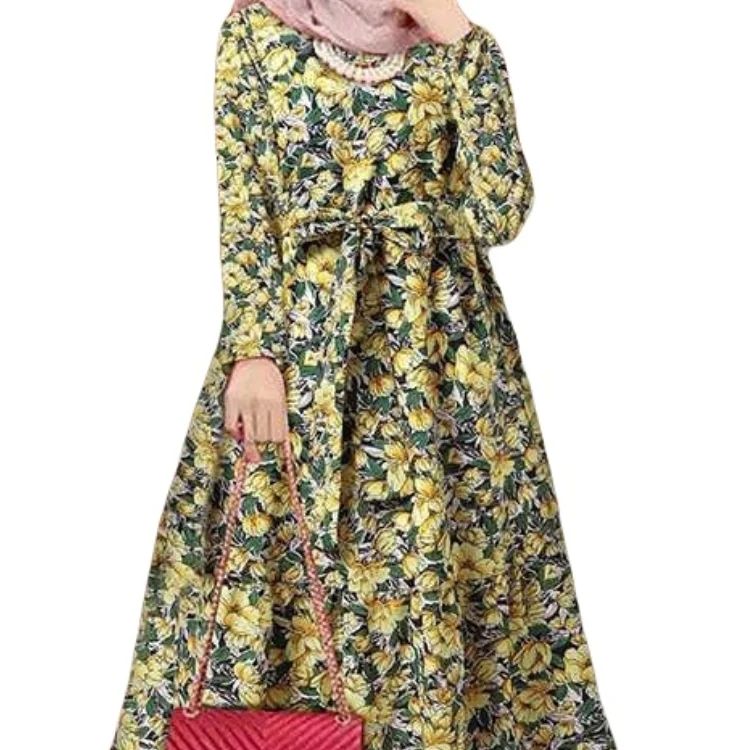 Floral printing loose waist swing dress with belt modest dress abaya burqa kaftan Muslim clothes Veiling clothing