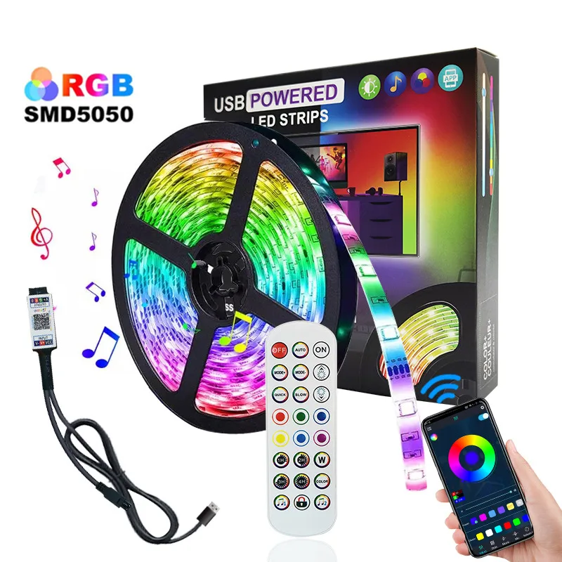 USB 5V RGB led strip light set with smart app music control 5m 30leds/m ip20 ip65 waterproof smd 5050 flexible tv backlight
