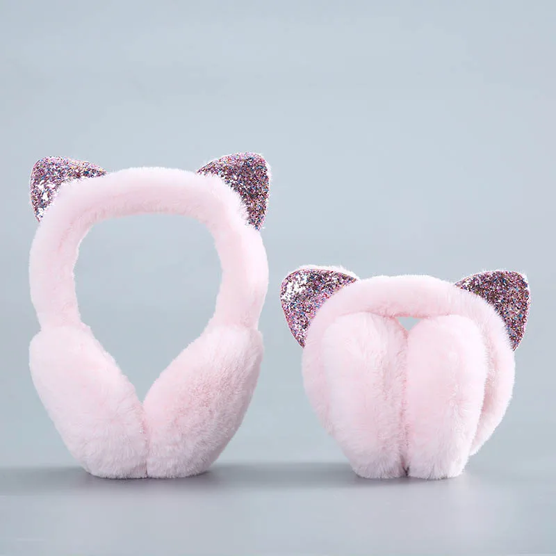 Winter Glittering Sequins Cat Ear Warmer Cute Soft Faux Fur Wool Earmuffs Headband Plush Foldable Ear Muffs For Women Girls