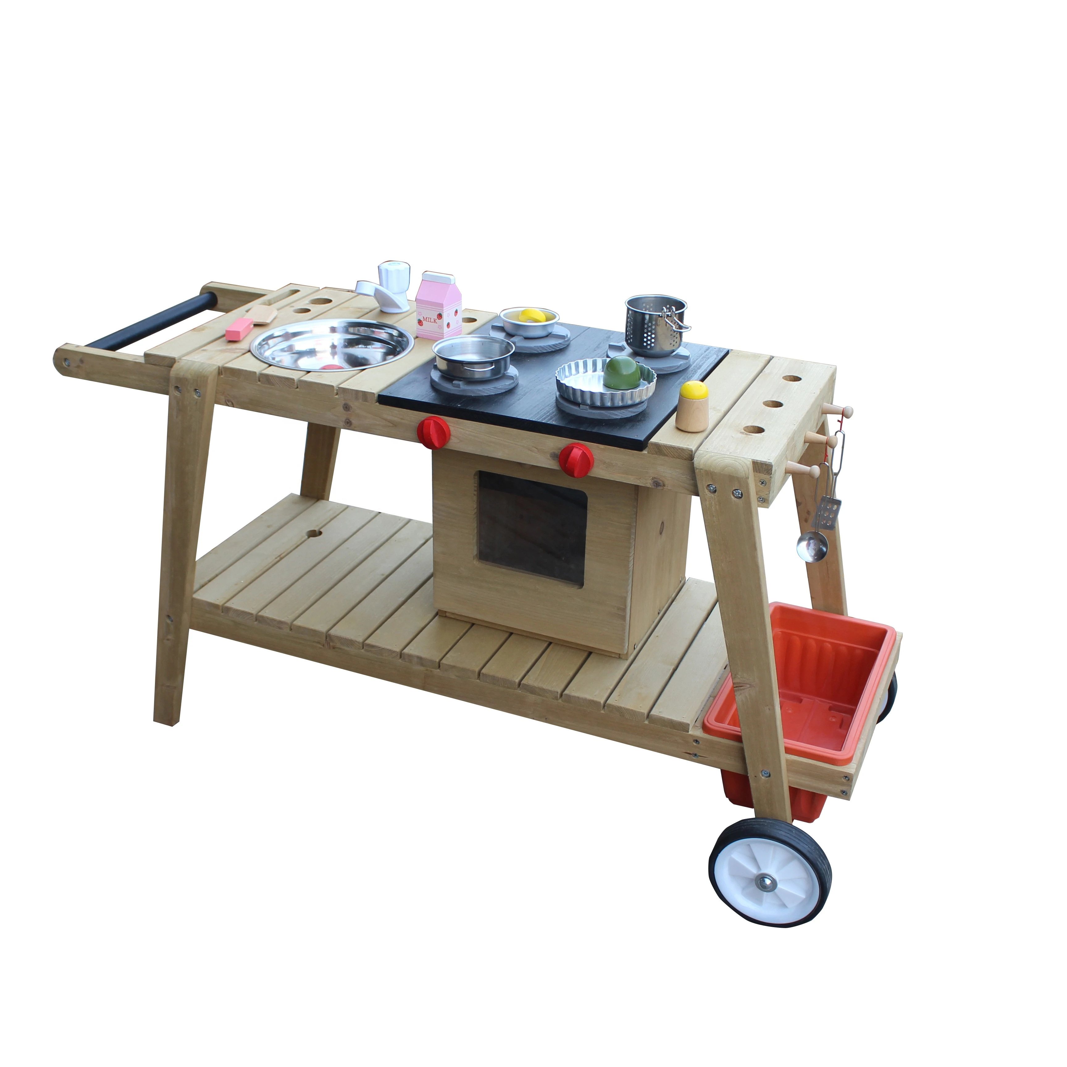 backyard wooden outdoor kids mud kitchen ceder wood with umbrella stoves oven basin wheels hooks planter box