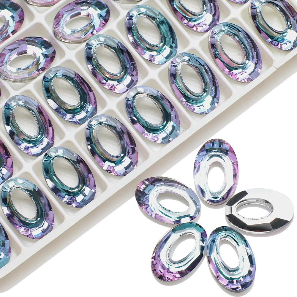 Zhubi Wholesale Color Sublimation Vitrail Light Crystal Beads Oval Cosmic Ring Hollow Pendant Glass Beads For Jewelry Making